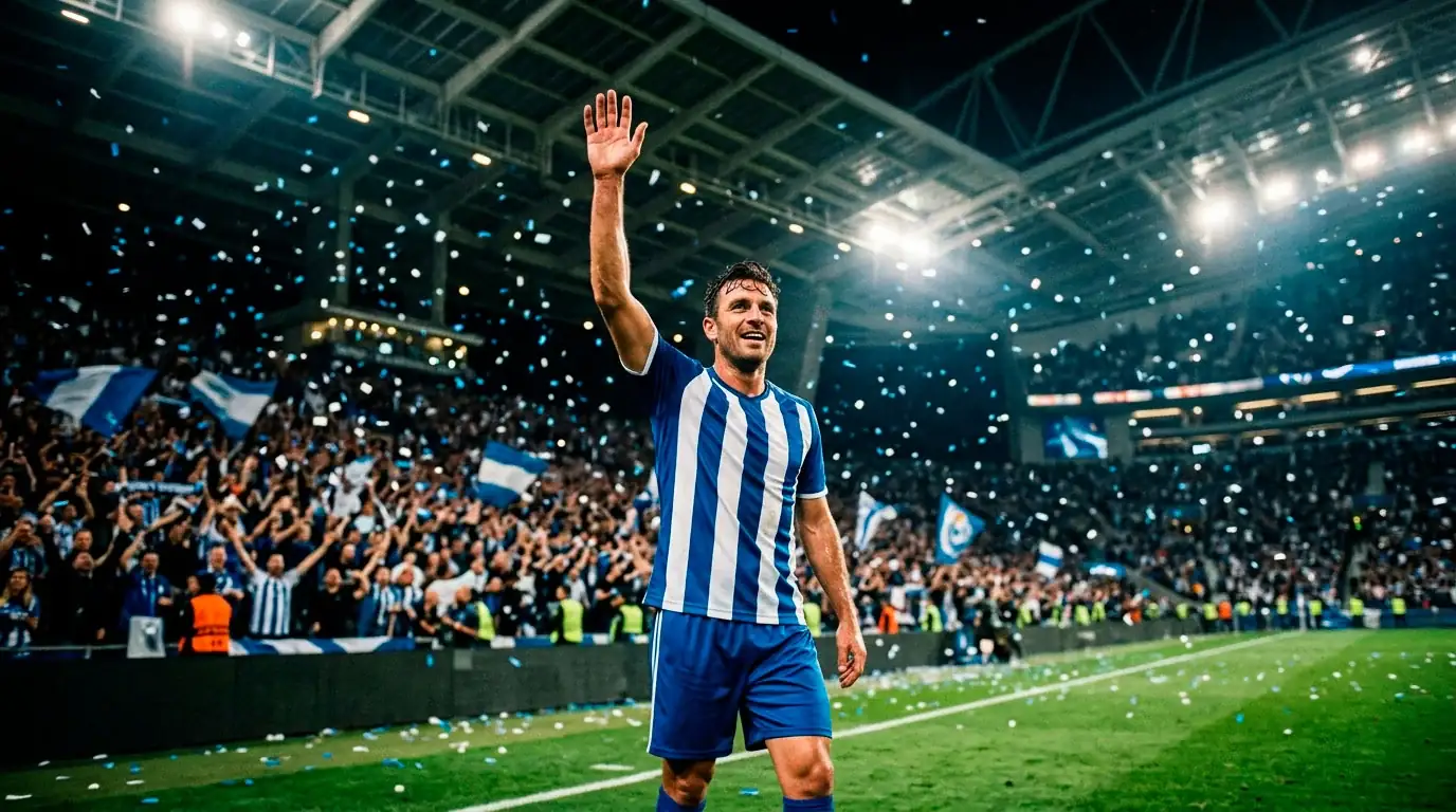 A veteran soccer captain in a blue-and-white kit acknowledging a roaring crowd inside a covered World Cup stadium