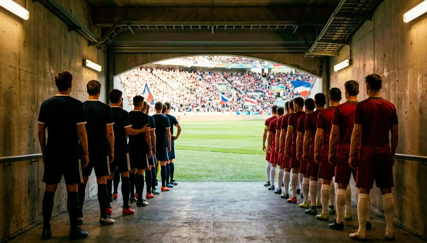 Two soccer teams lined up in a stadium tunnel before walking out for a World Cup match