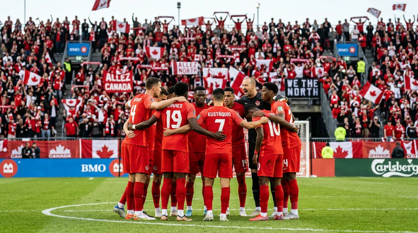 Canadian national soccer team players in red jerseys during international match