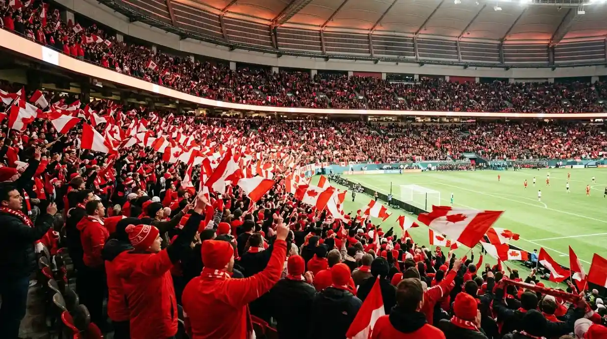 A sea of Canadian soccer fans in red celebrating inside a covered stadium