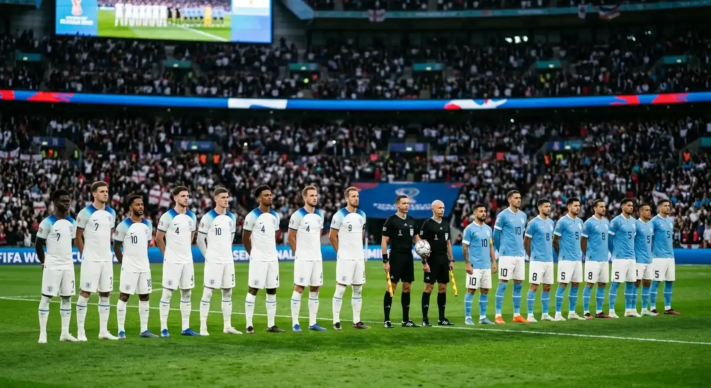 Two soccer teams in white and light-blue kits lining up before a major World Cup semifinal