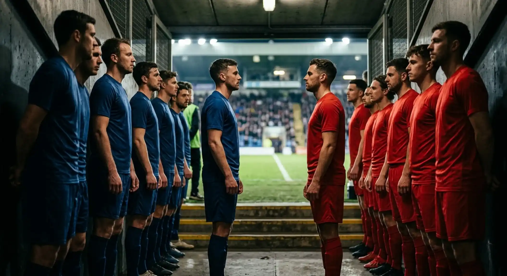 Two soccer teams in generic blue and red kits lining up in a tunnel before a major knockout match
