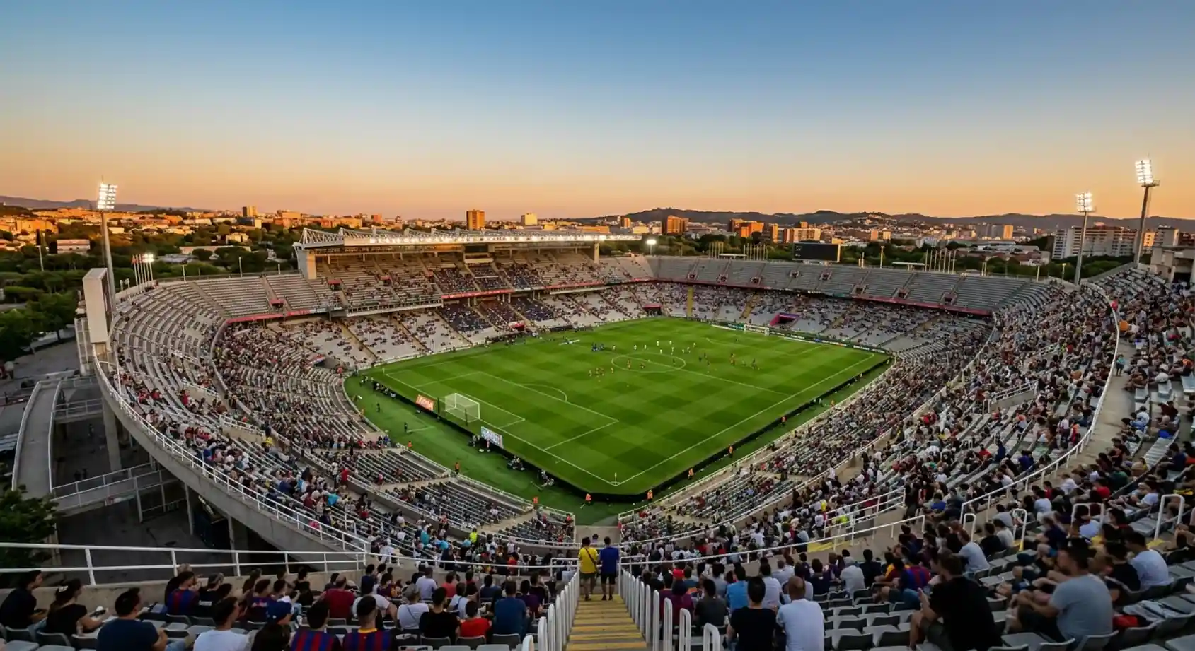 A floodlit open-air American football stadium set up for a soccer match under a clear evening sky