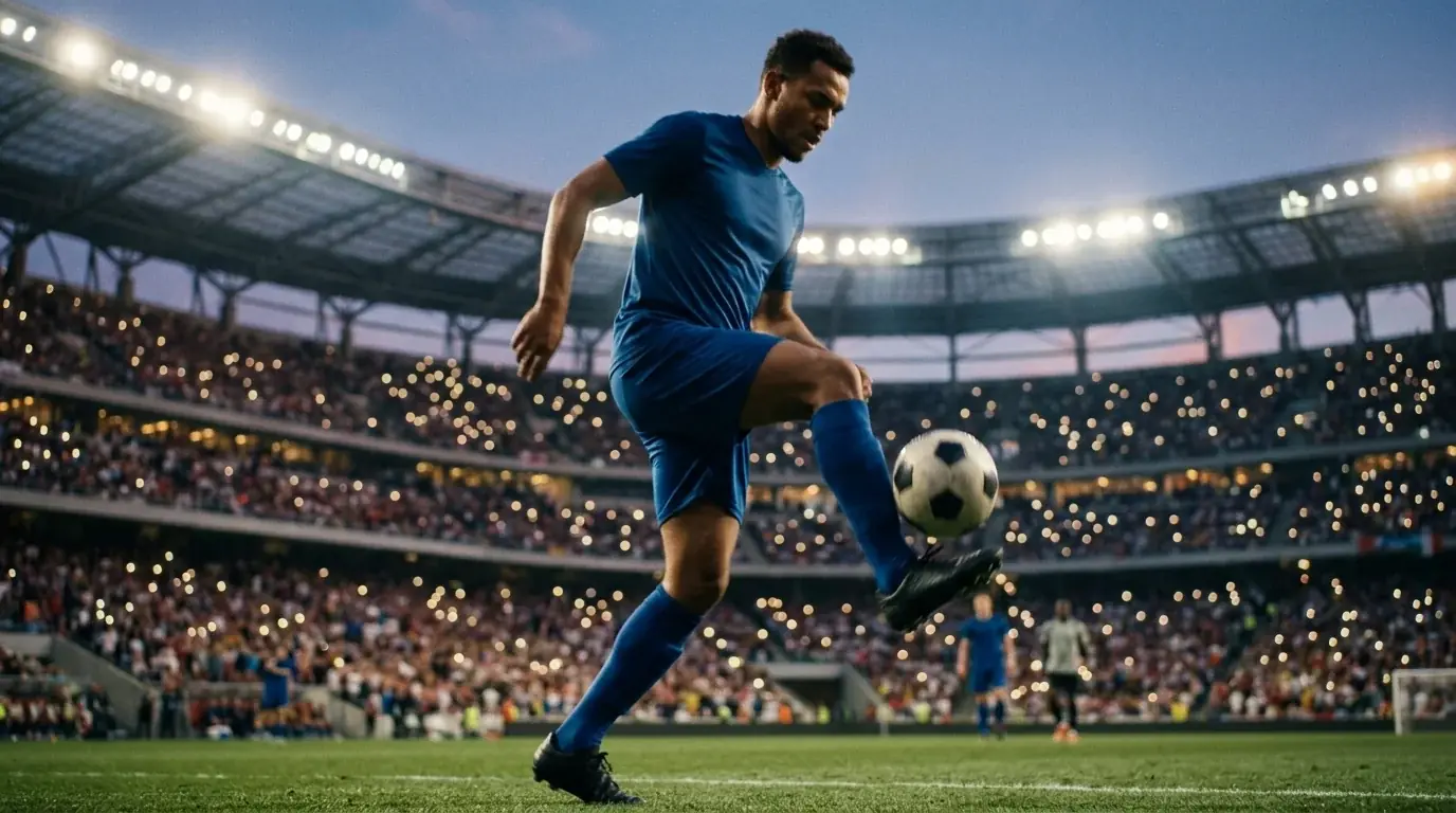 A star forward in a generic blue kit warming up under floodlights at a large open-air stadium