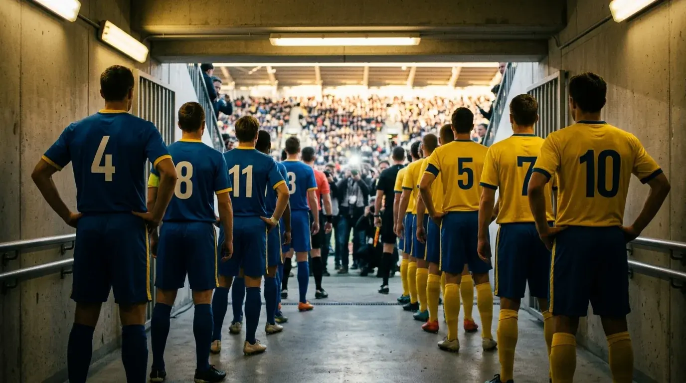 Two soccer teams lined up in a stadium tunnel before walking out for a World Cup match