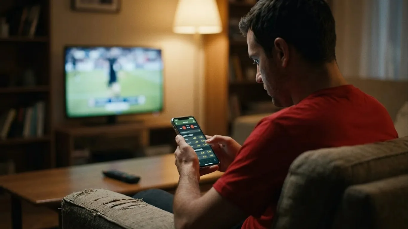 A soccer fan in red at home looking at betting odds on a phone before a big match