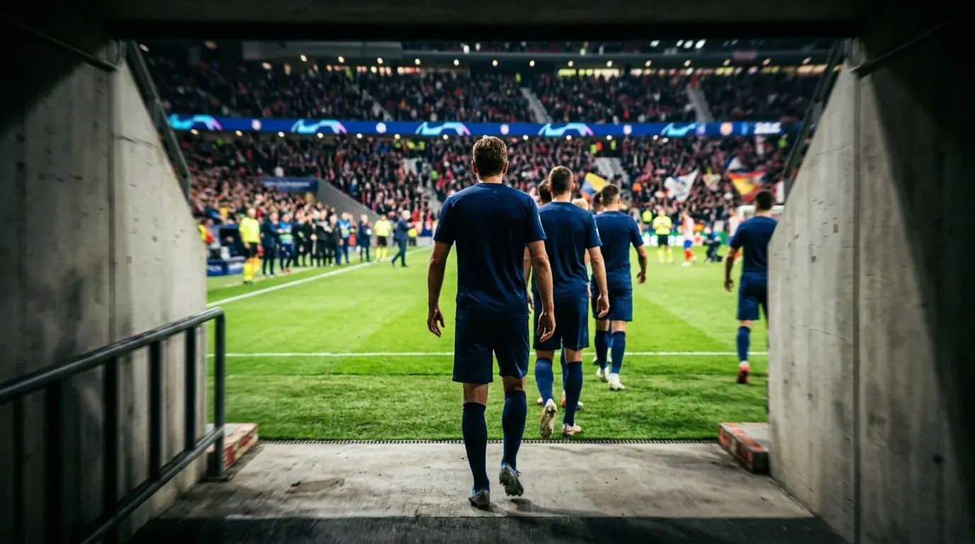 Players walking out of a stadium tunnel onto a bright pitch before a knockout match