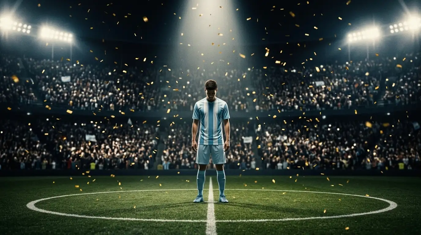A packed, floodlit stadium before a World Cup final, a single player figure in light-blue and white at the centre