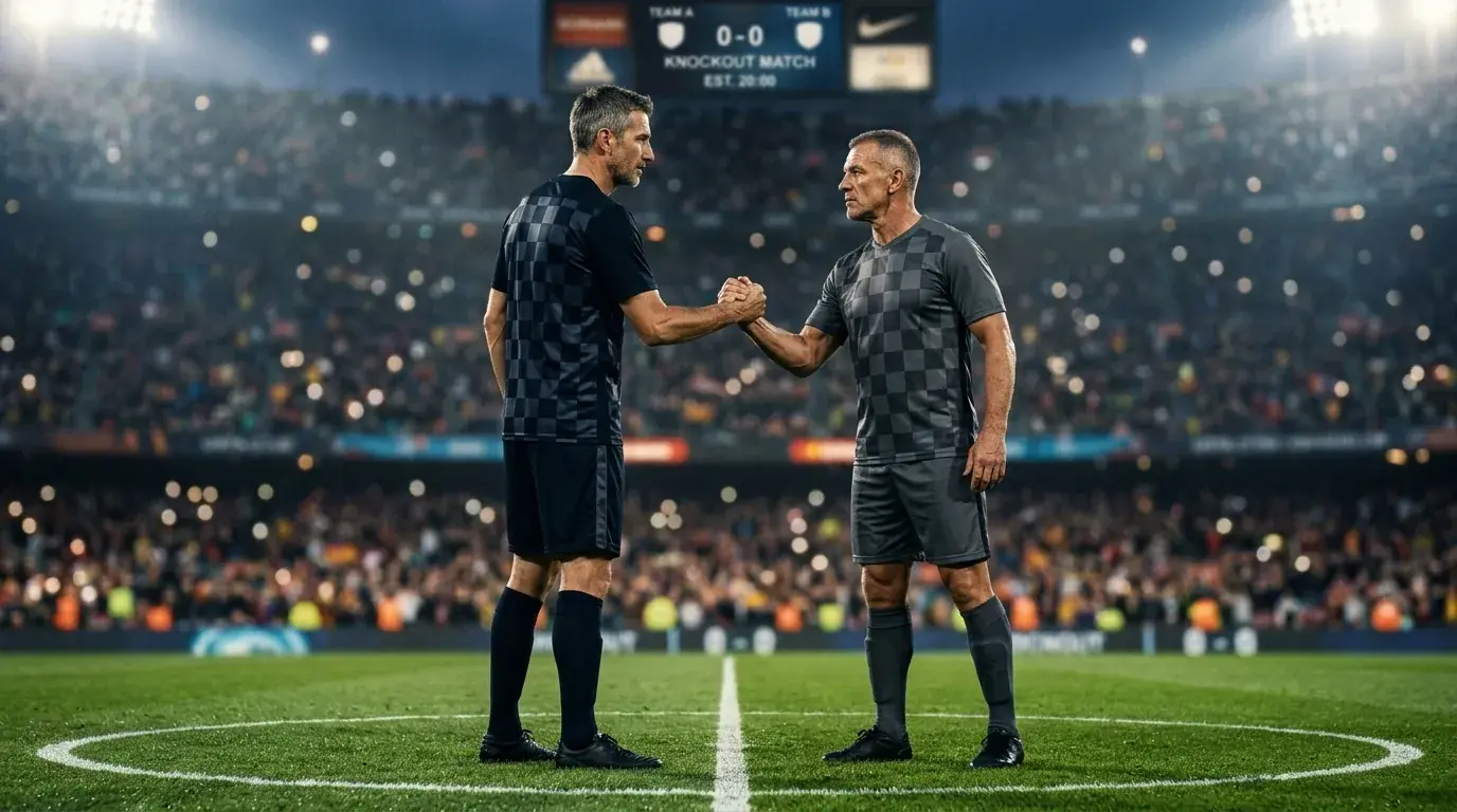 Two veteran soccer players in generic kits shaking hands before a floodlit knockout match