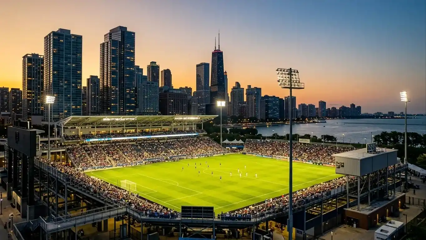 A floodlit open-air soccer stadium in a downtown setting before a big evening match