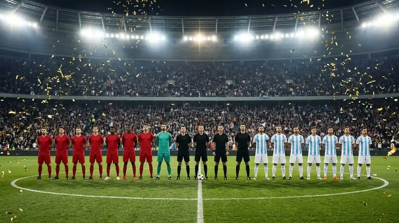 Two national teams lined up at the centre circle of a packed floodlit stadium before a final, golden confetti in the air