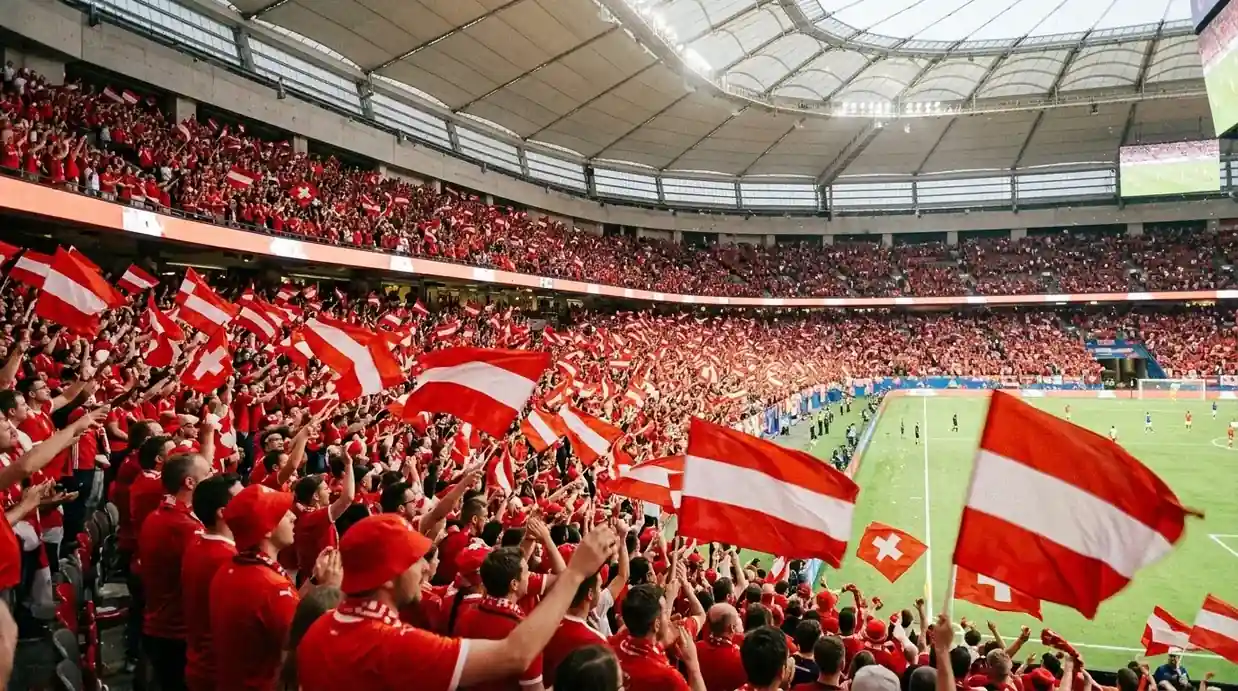 A sea of Canadian soccer fans in red waving flags inside a covered Vancouver stadium