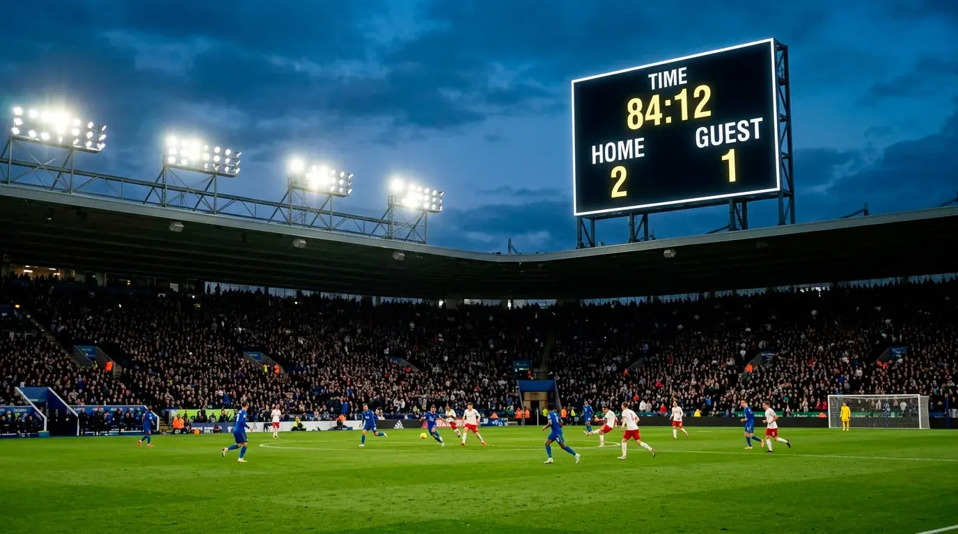 A stadium scoreboard glowing at dusk with a generic soccer match in progress below