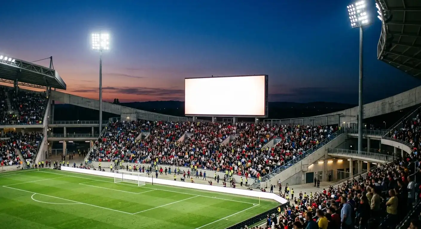 A stadium at dusk with a large screen and floodlights before a knockout match