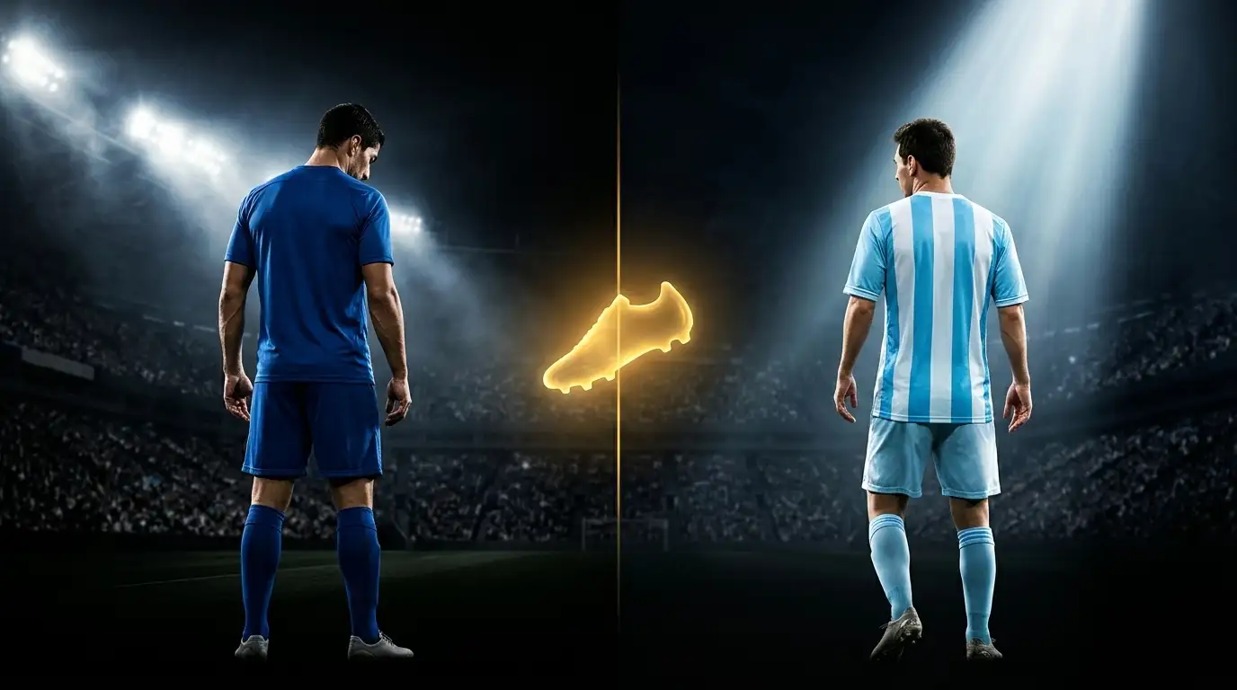 Two strikers back to back under dramatic stadium light, a golden boot trophy glowing between them