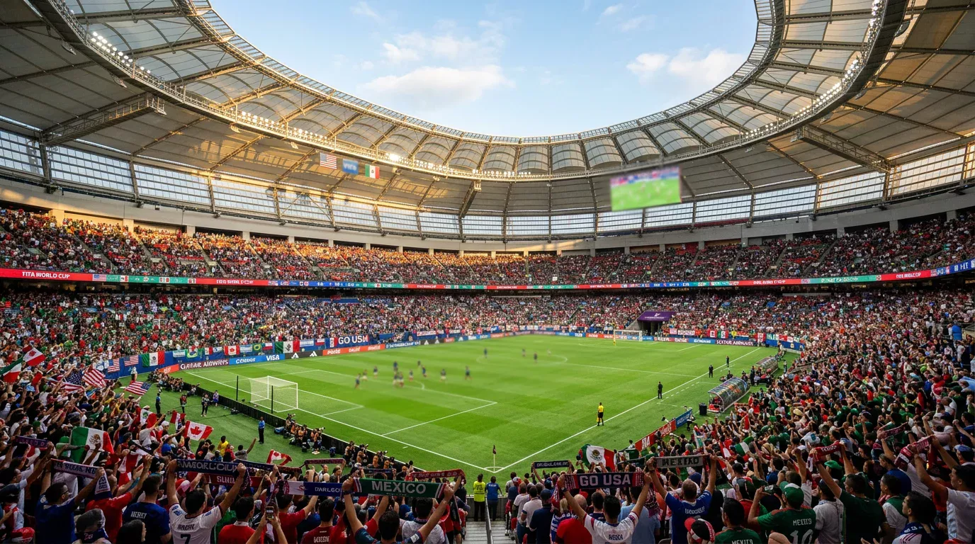 North American stadium filled with soccer fans during a World Cup group stage match