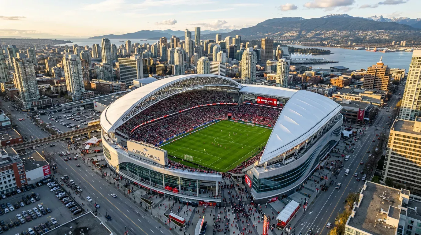 Aerial view of modern North American soccer stadium prepared for FIFA World Cup 2026
