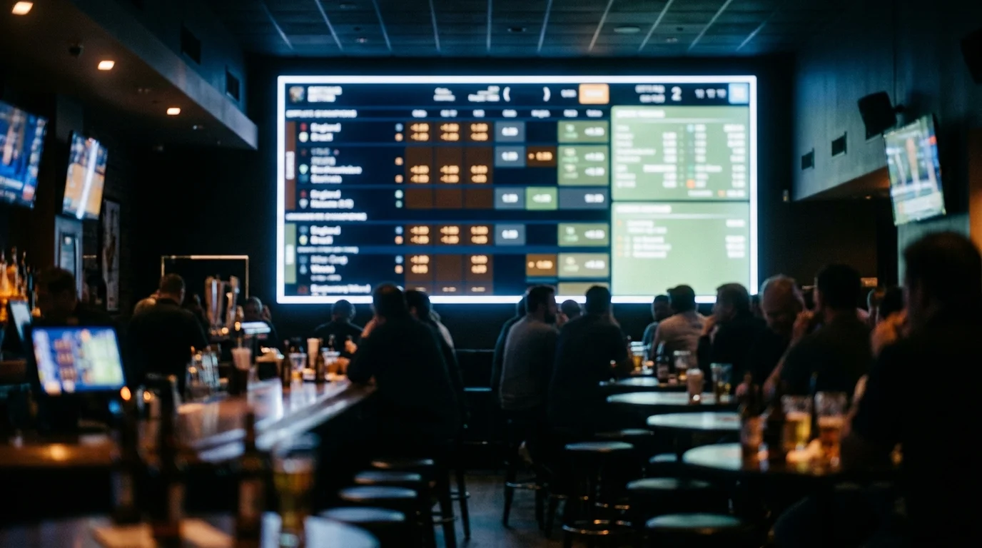 A betting board or screen showing shifting soccer outright odds in a dim sports-bar setting