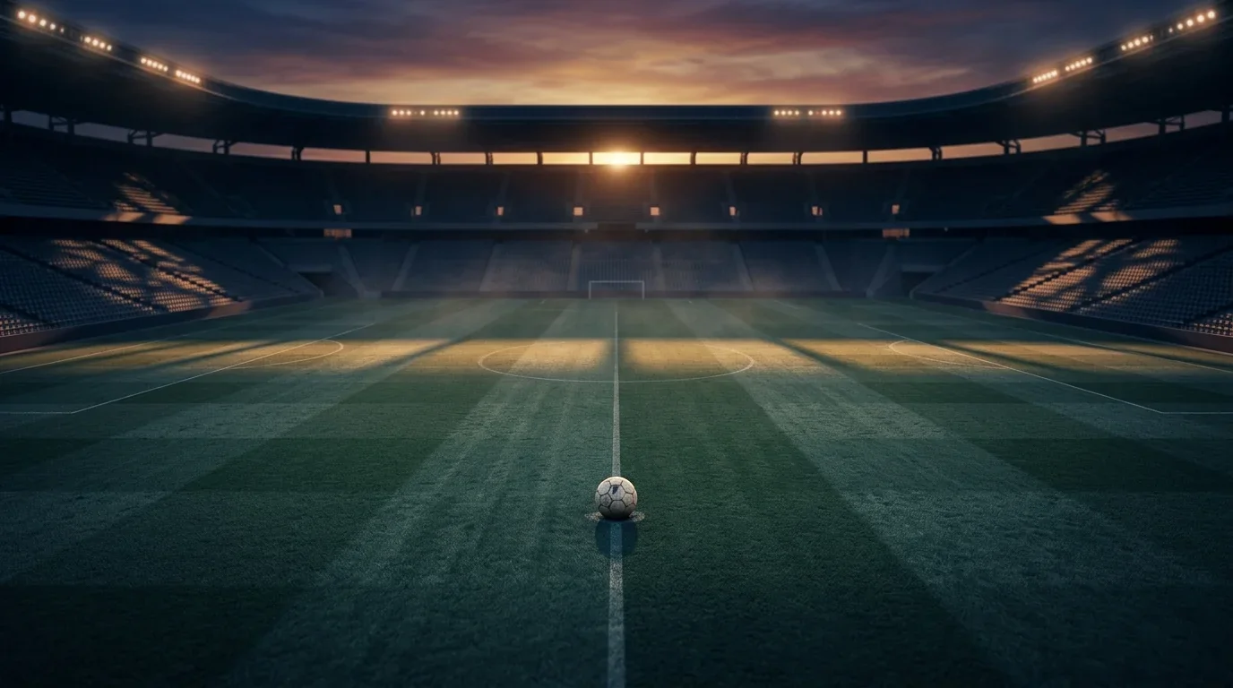 An empty soccer pitch at dusk with a single ball on the centre spot, long shadows