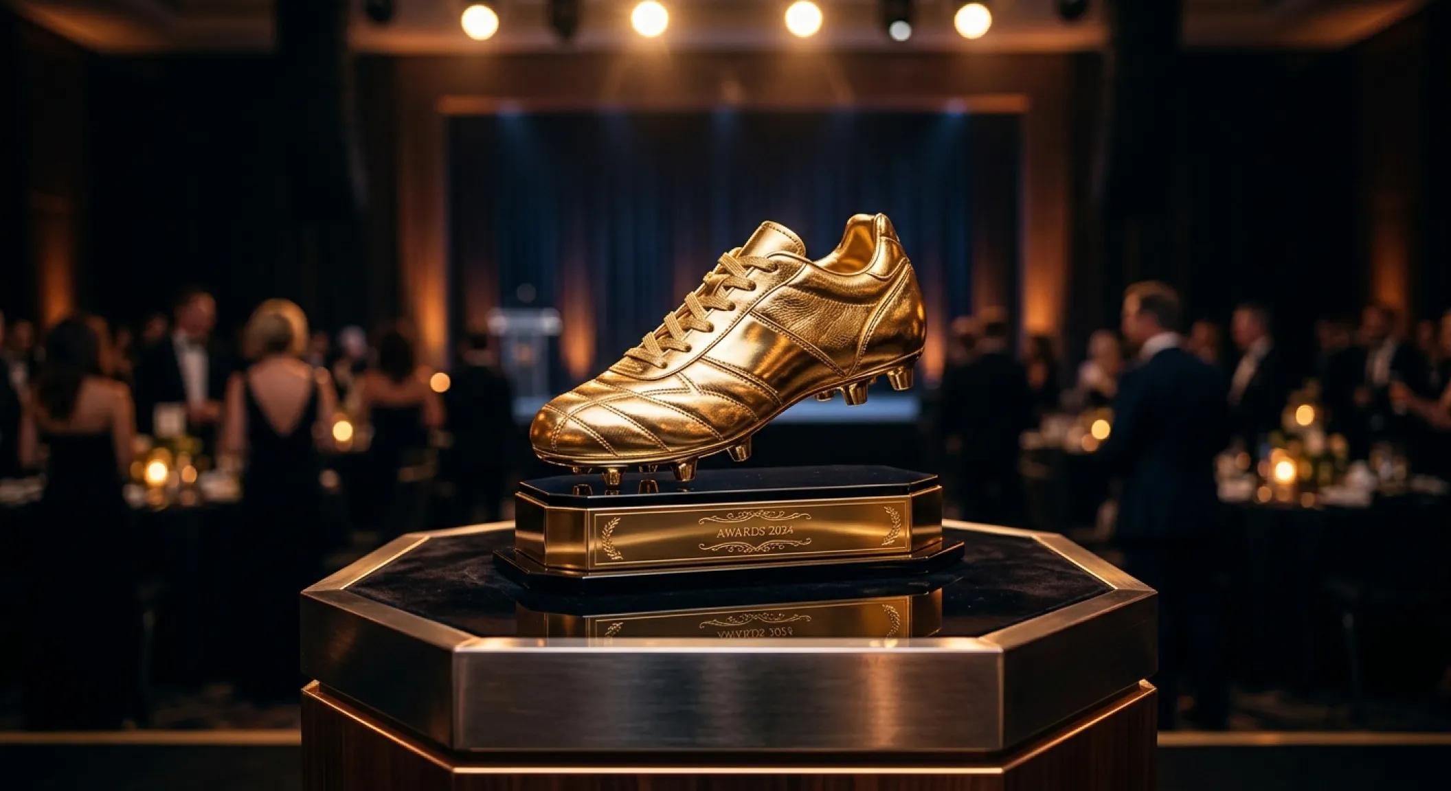 A trophy-style golden soccer boot award displayed under warm spotlights