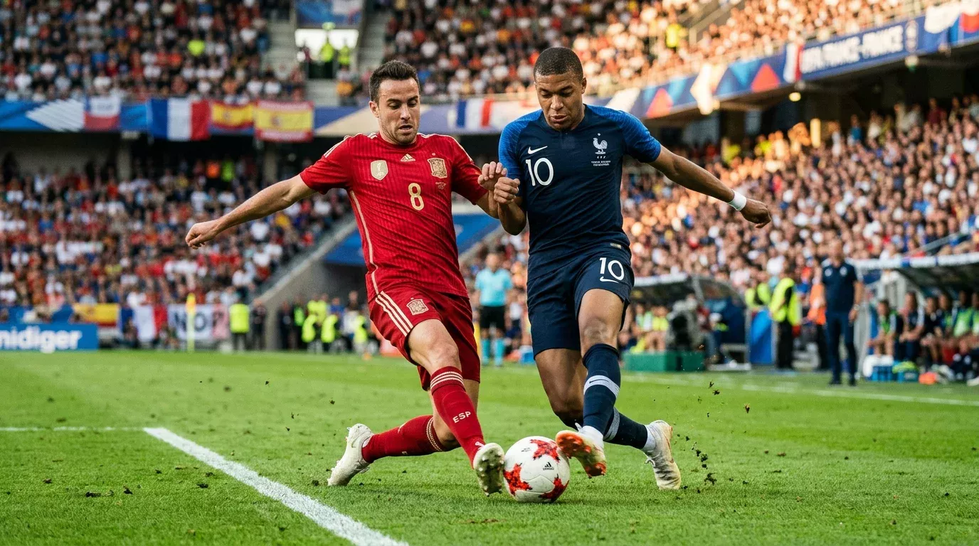 Soccer players from different national teams competing for the ball during a group stage match