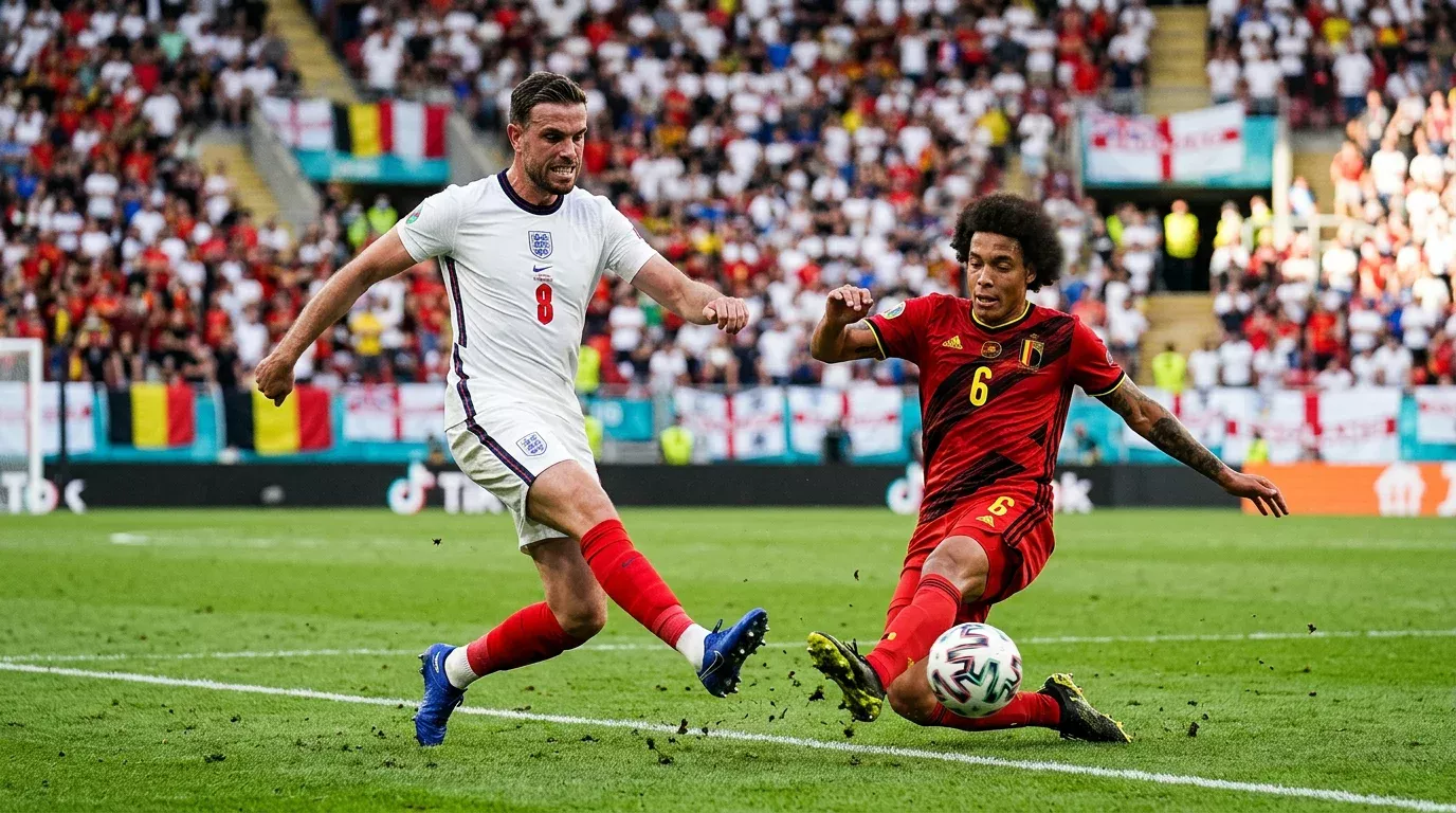 Soccer players from different national teams competing during World Cup group stage match