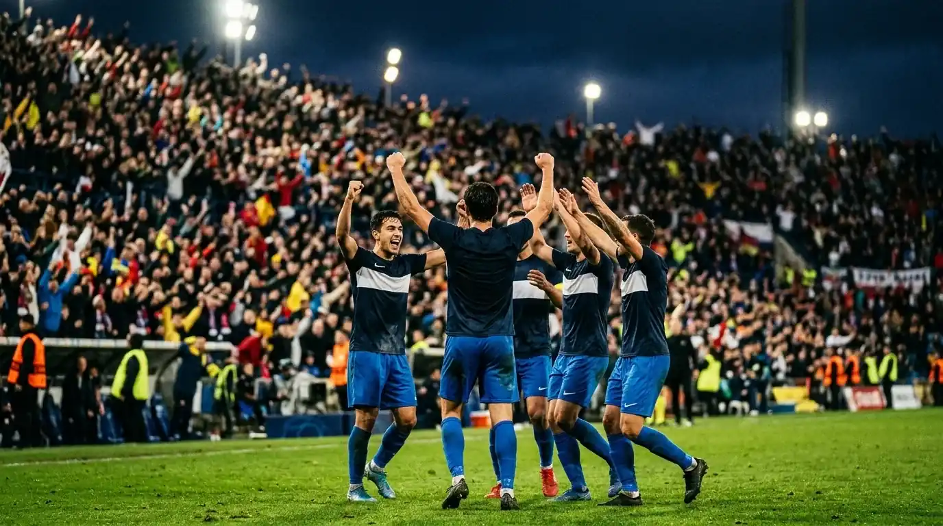 A packed World Cup stadium under floodlights as players celebrate a late goal