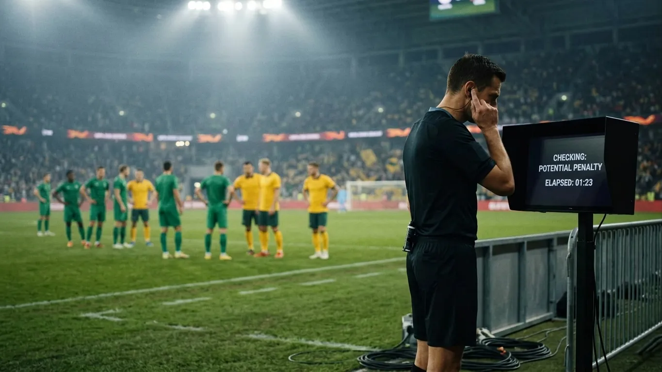 A referee reviewing a decision on a pitchside monitor as players wait