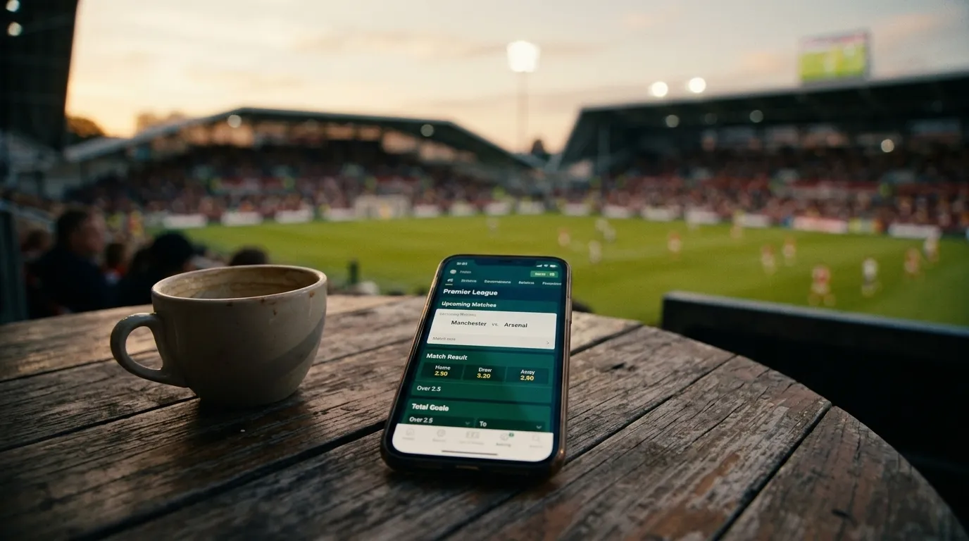 A smartphone showing World Cup Round of 32 odds beside a coffee at a Toronto stadium