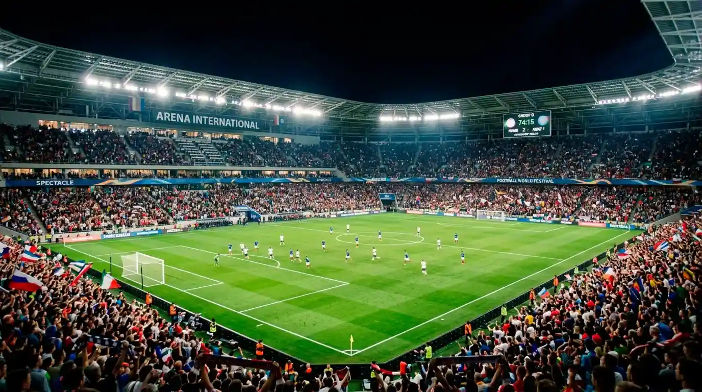 Wide view of a packed World Cup 2026 stadium under floodlights during an evening group-stage match