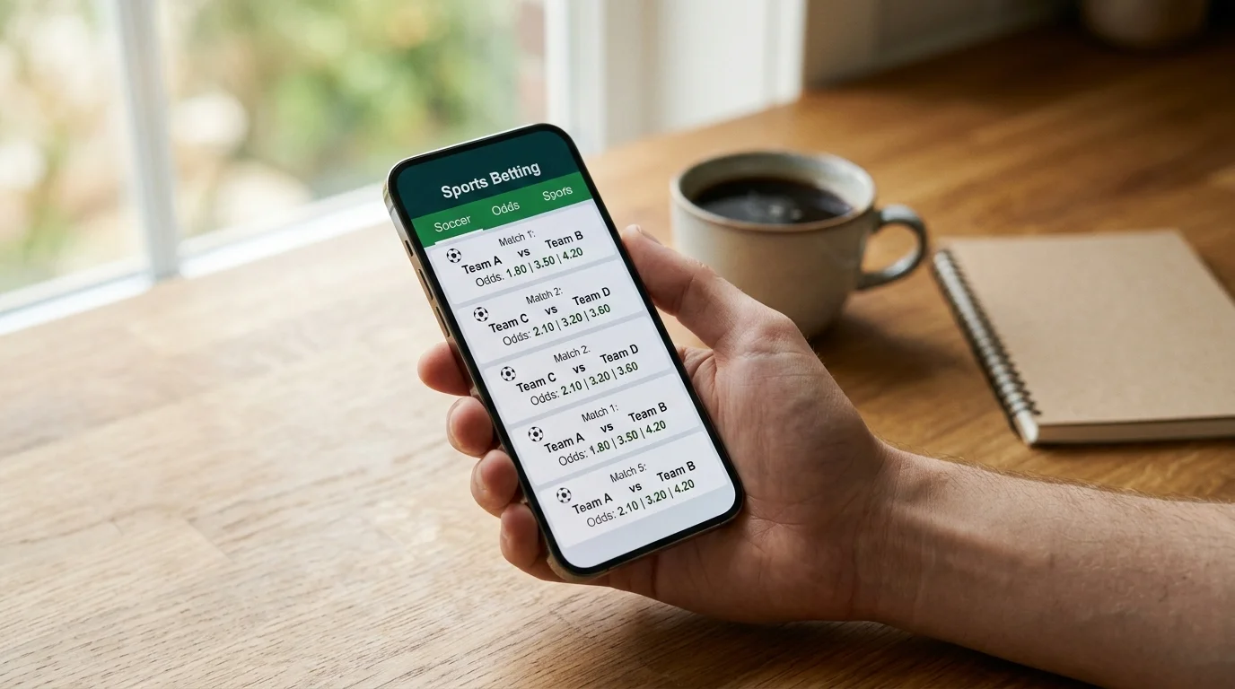 A bettor's phone showing World Cup match odds beside a coffee on a kitchen table, morning light