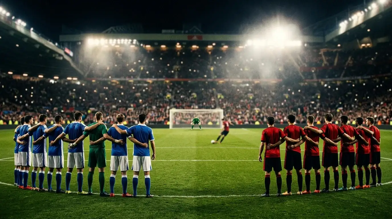 A floodlit World Cup 2026 knockout match with players reacting to a dramatic penalty shootout