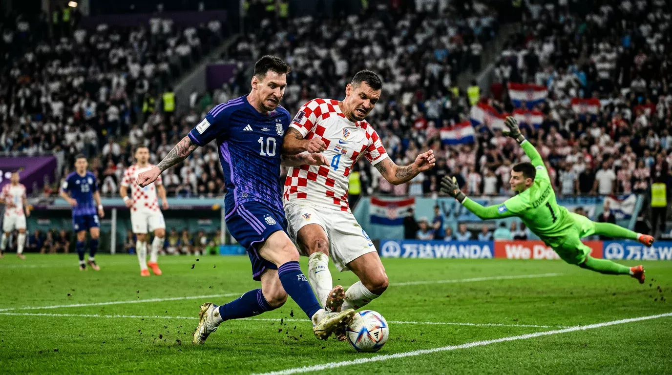 Intense knockout round action at FIFA World Cup with players challenging for the ball