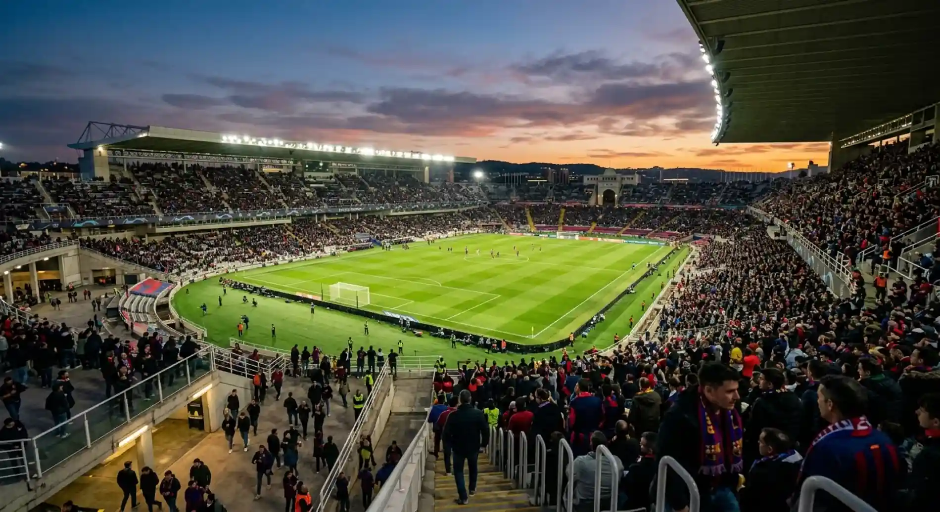 A floodlit open-air World Cup stadium filling with fans before a big knockout match