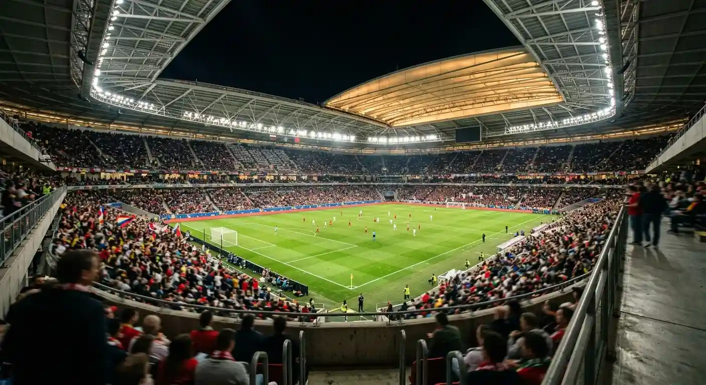 A floodlit indoor World Cup stadium under a closed roof during a knockout match