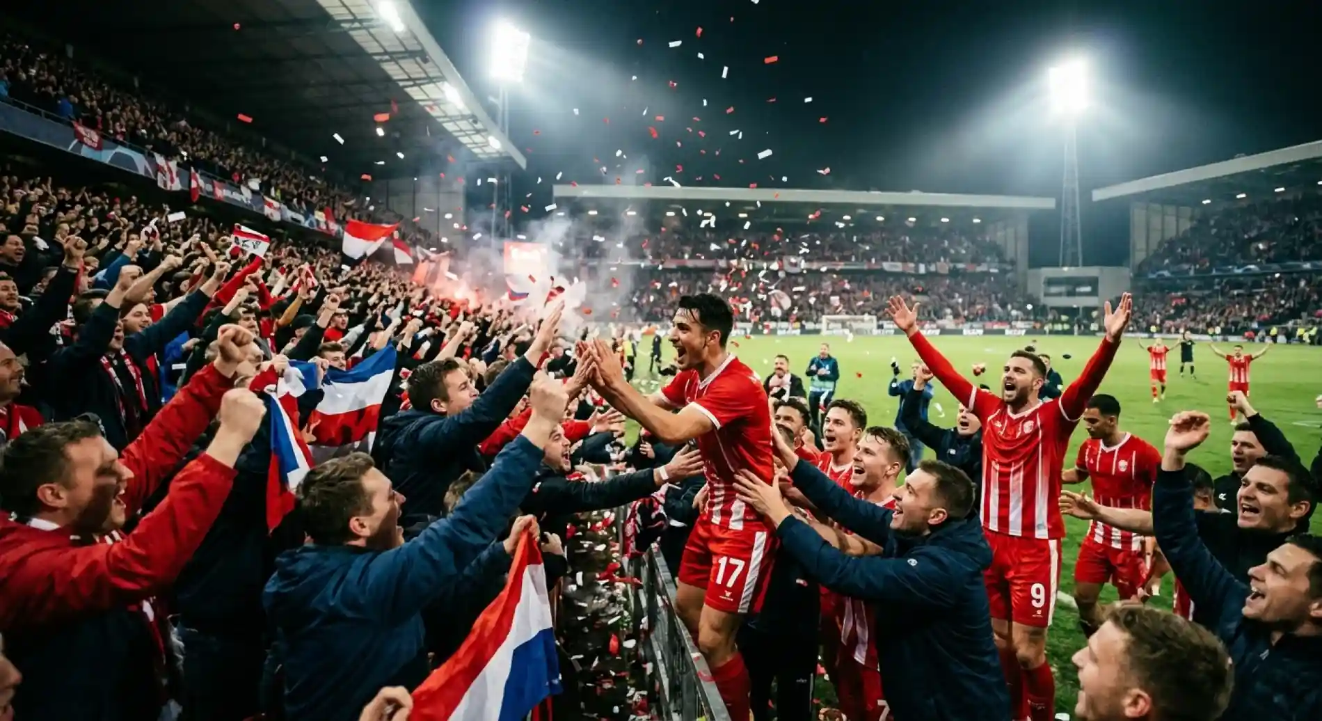 A World Cup stadium erupting as an underdog team celebrates a knockout-round upset