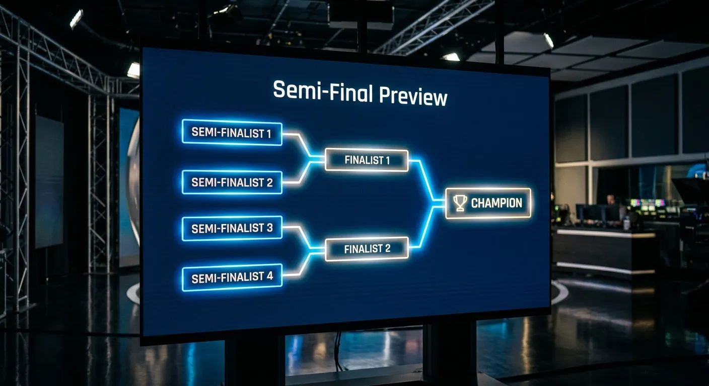 A stylised World Cup semifinal bracket graphic on a broadcast screen with four team slots feeding a final