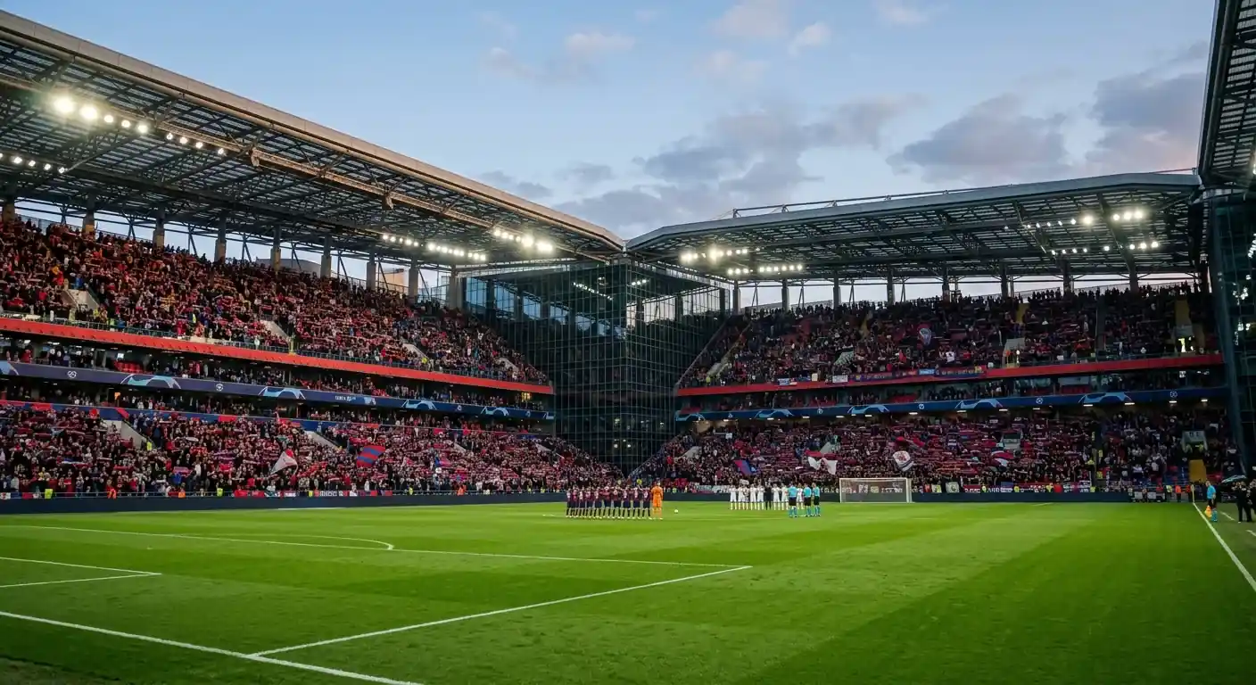 A packed World Cup stadium at kickoff with fans in red and blue filling the stands