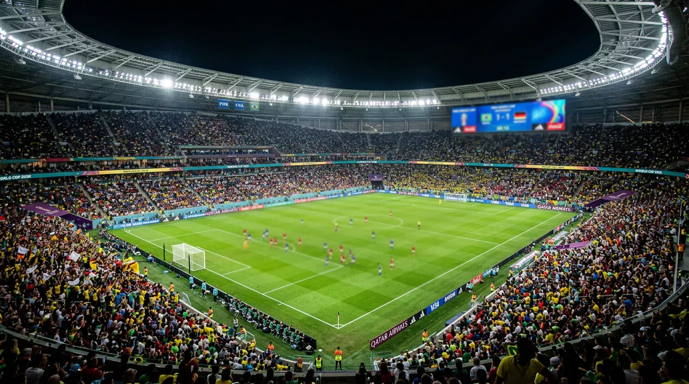 Professional soccer match in progress at packed World Cup stadium under floodlights